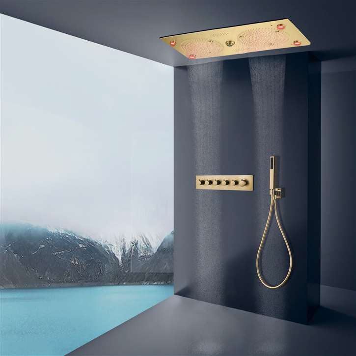 Cesena Brushed Gold Thermostatic Recessed LED Rainfall Musical Shower System with Hand Shower