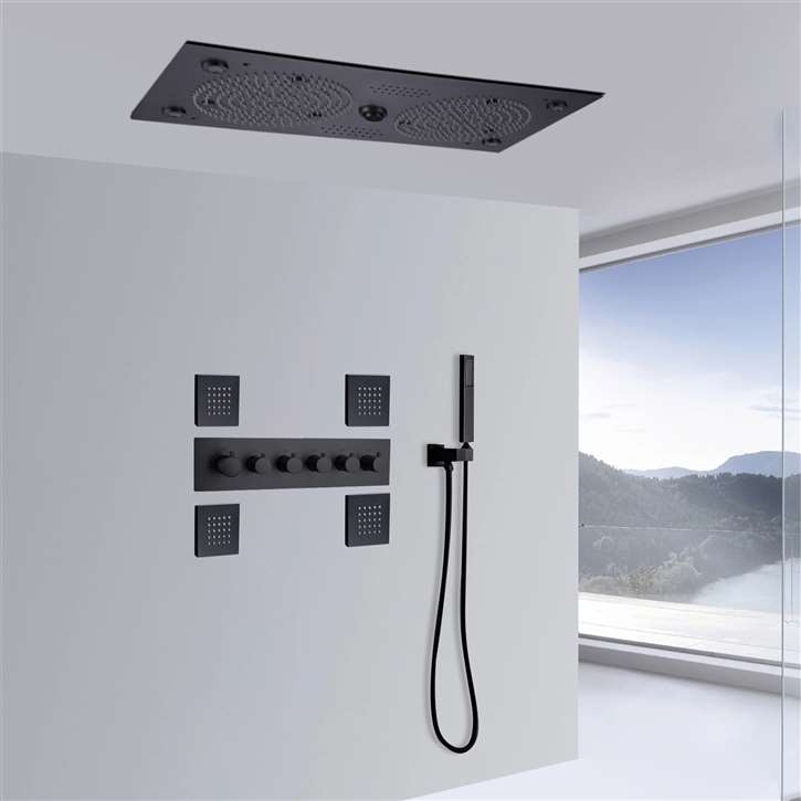 Ancona Matte Black Thermostatic Recessed Ceiling Mount LED Rainfall Musical Shower System with Jetted Body Sprays and Hand Shower