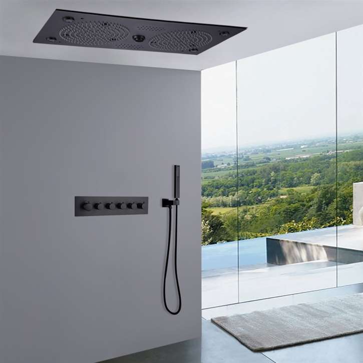 Naples Thermostatic Matte Black Recessed Ceiling Mount LED Rainfall Shower System with Musical System and Hand Shower