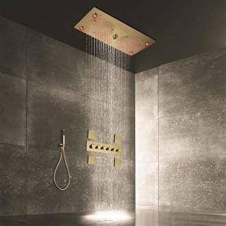 Mantua Brushed Gold Thermostatic Musical LED Recessed Ceiling Mount Rainfall Shower System with Handheld Shower and Jetted Body Sprays