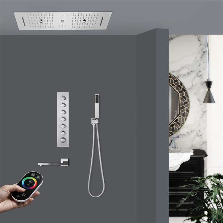 Fermo Chrome LED Remote Controlled Thermostatic Recessed Ceiling Mount Large Rainfall Waterfall Musical Shower System with Hand Shower