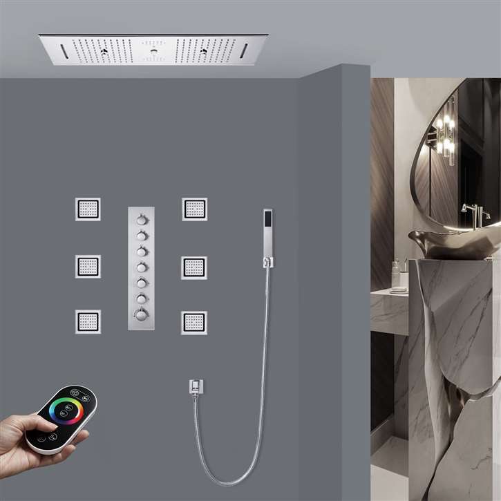 Bologna Chrome Rainfall Waterfall Mist Remote Controlled Luxurious Thermostatic LED Recessed Ceiling Mount Musical Shower System with Hand Shower and 6 Jetted Body Sprays