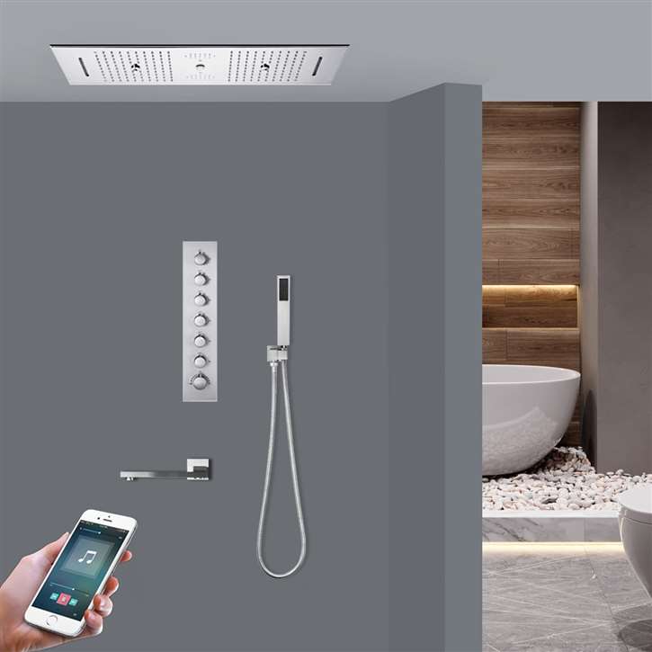 Venice Phone Controlled Chrome Thermostatic LED Recessed Ceiling Mount Musical Rainfall Waterfall Mist Shower System with Hand Shower