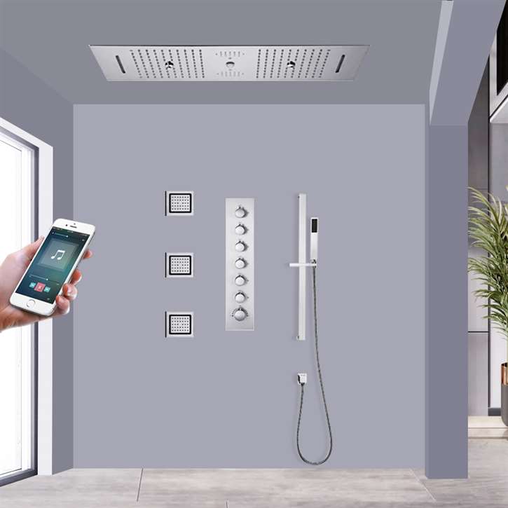 Brescia Chrome Musical Phone Controlled Thermostatic Luxurious Recessed Ceiling Mount LED Waterfall Rainfall Shower System with 3 Jetted Body Sprays and Hand Shower