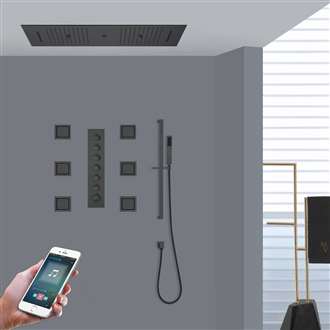 Perugia LED Matte Black Phone Controlled Thermostatic Recessed Ceiling Mount Musical Luxurious Rainfall Shower System with Hand Shower and 6 Jetted Body Sprays