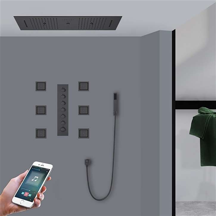 Cagliari Phone Controlled Thermostatic Recessed Ceiling Mount Matte Black Musical LED Rainfall Shower System with Jetted Body Sprays and Hand Shower