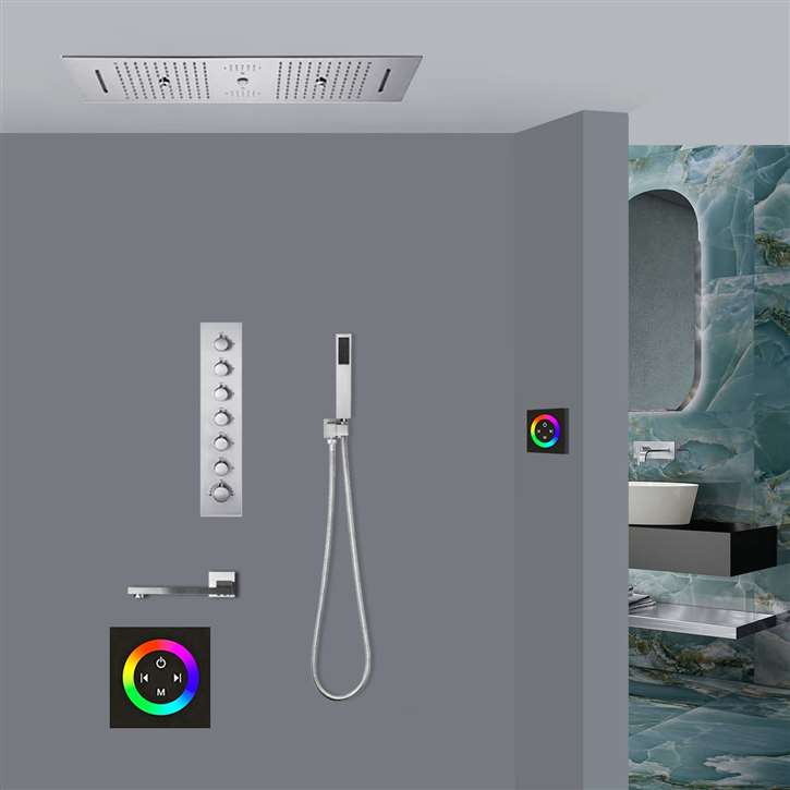 Rimini Touch Panel Controlled Thermostatic LED Recessed Ceiling Mount Musical Waterfall Rainfall Shower System with Hand Shower by Fontana