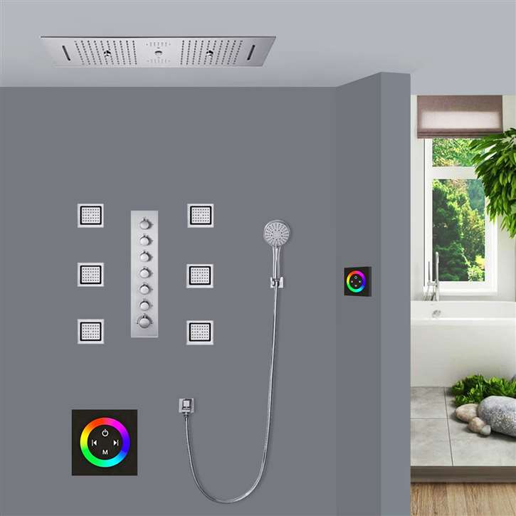 Foggia Thermostatic Chrome Touch Panel Controlled Recessed Ceiling Mount LED Musical Rainfall Shower System with Round Hand Shower and Jetted Body Sprays