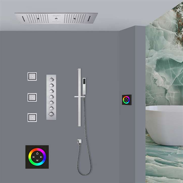 Latina Thermostatic Chrome LED Touch Panel Controlled Recessed Ceiling Mount Musical Rainfall Waterfall Shower System with Jetted Body Sprays and Hand Shower