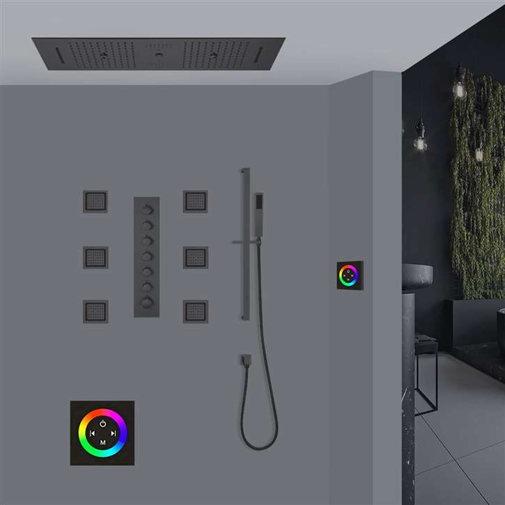 Bergamo Touch Panel Controlled Large Matte Black Thermostatic Recessed Ceiling Mount LED Musical Rainfall Shower System with Hand Shower and Jetted Body Sprays
