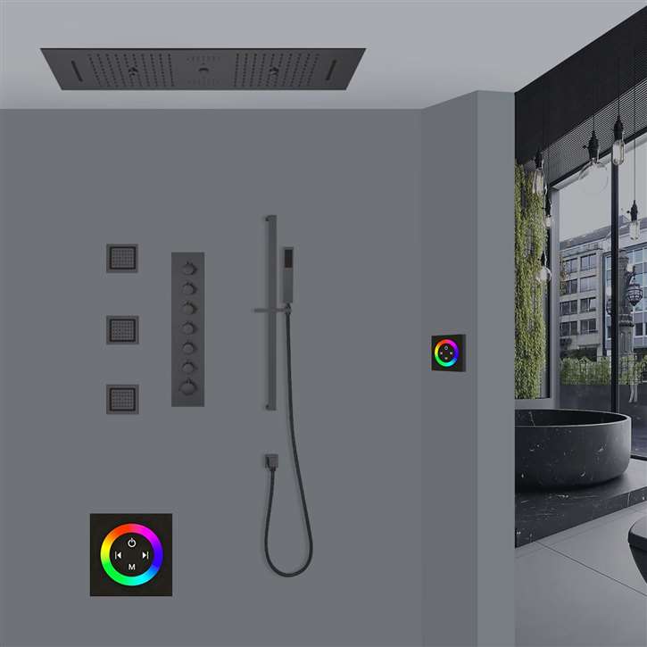 Pescara Luxurious Touch Panel Controlled Matte Black Thermostatic Recessed Ceiling Mount LED Musical Rainfall Waterfall Mist Shower System with Hand Shower and Jetted Body Sprays