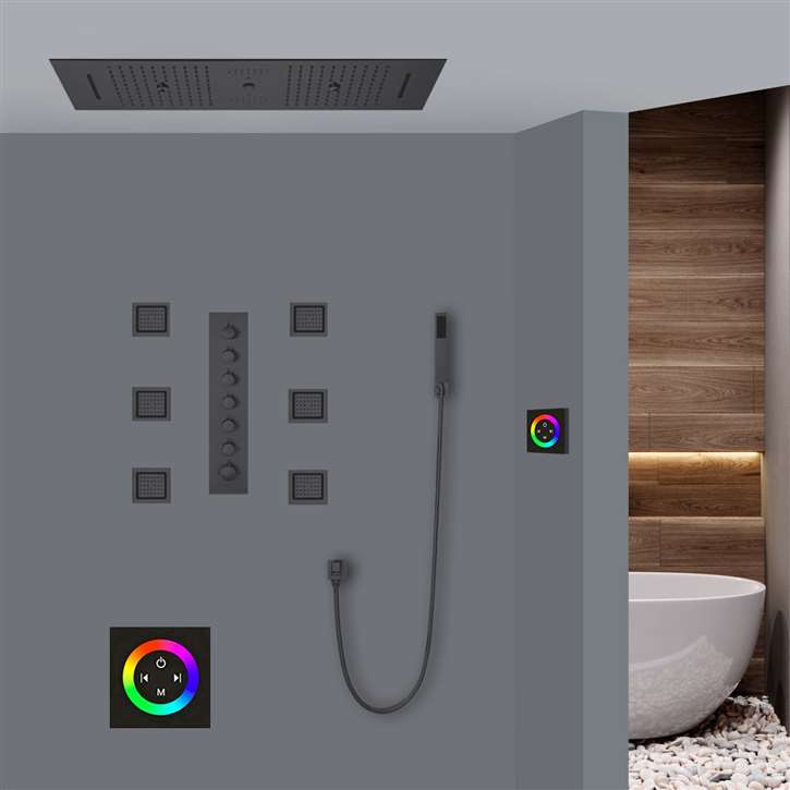 Trento Touch Panel Controlled Thermostatic Recessed Ceiling Mount Matte Black LED Musical Rainfall Shower System with Body Jet Sprays and Hand Shower