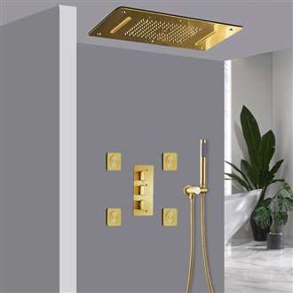 Novara Brushed Gold Thermostatic Recessed Ceiling Mount LED Waterfall Mist Rainfall Shower System with Jetted Body Sprays and Hand Shower