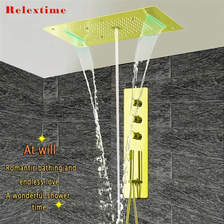 Lucca Brushed Gold Thermostatic Elegant Recessed Ceiling Mount LED Rainfall Shower System with Handheld Shower by Fontana