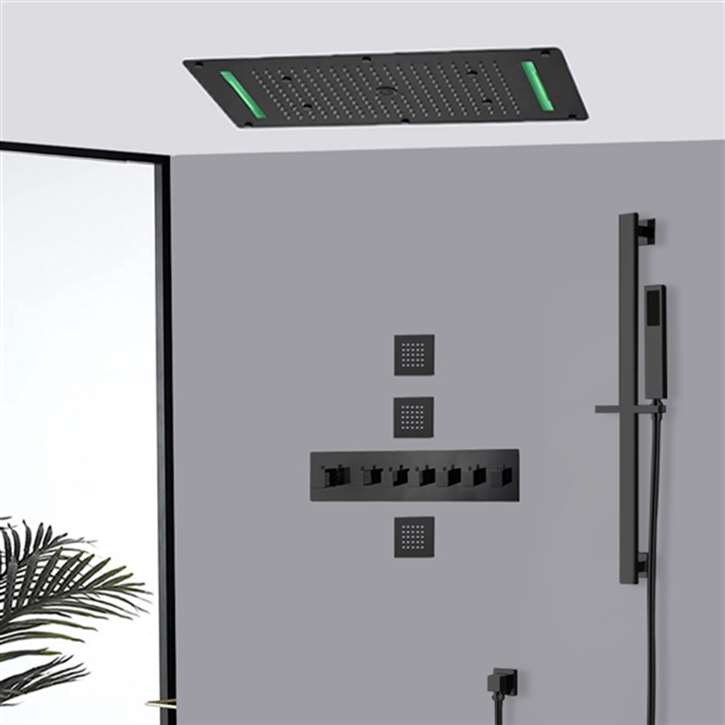 Gela Matte Black Thermostatic LED Waterfall Rainfall Mist Water Column Shower System with Handheld Shower and Jetted Body Sprays