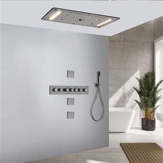 Cremona Brushed Nickel Thermostatic Recessed Ceiling Mount LED Waterfall Rainfall Shower System with Handheld Shower and Jetted Body Sprays