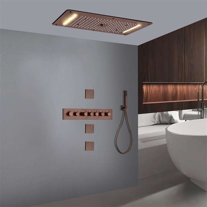 Massa Light Oil Rubbed Bronze Thermostatic Recessed Ceiling Mount LED Waterfall Rainfall Shower System with Hand Shower and Jetted Body Sprays