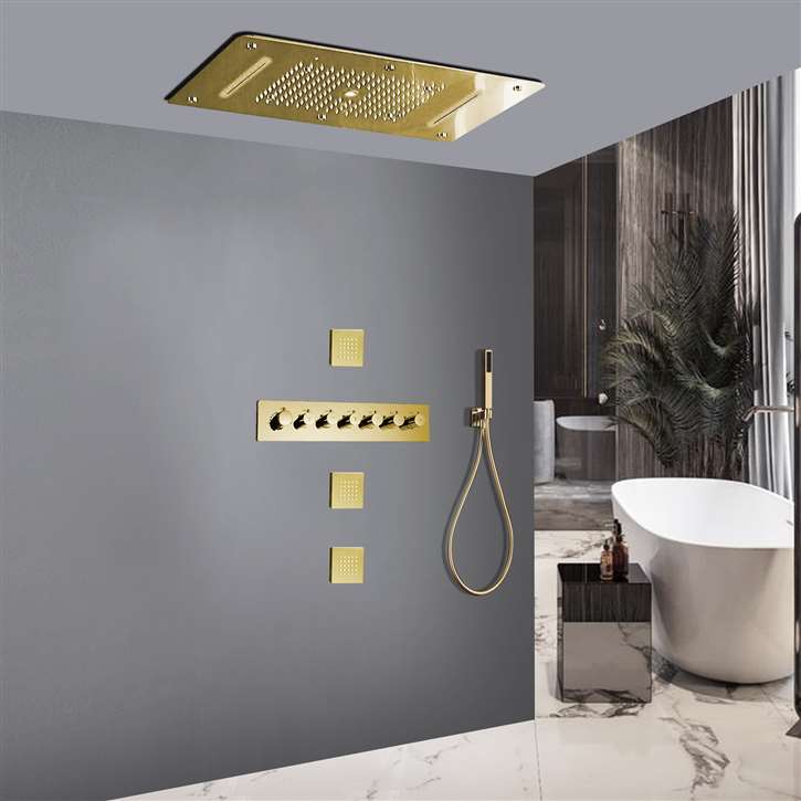 Cosenza Gold Thermostatic Recessed LED Waterfall Rainfall Shower System with Hand Shower and Jetted Body Sprays