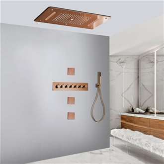 Vittoria Rose Gold Sophisticated Thermostatic Recessed Ceiling Mount LED Waterfall Rainfall Shower System with Hand Shower and Jetted Body Sprays