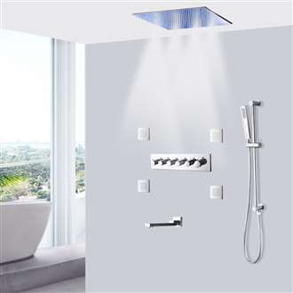 Aversa Chrome Polished LED Thermostatic Ceiling Mount Rainfall Shower System with Hand Shower and Jetted Body Sprays