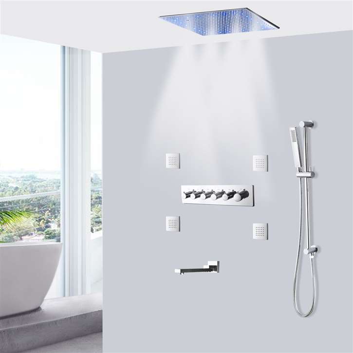 Aversa Chrome Polished LED Thermostatic Ceiling Mount Rainfall Shower System with Hand Shower and Jetted Body Sprays