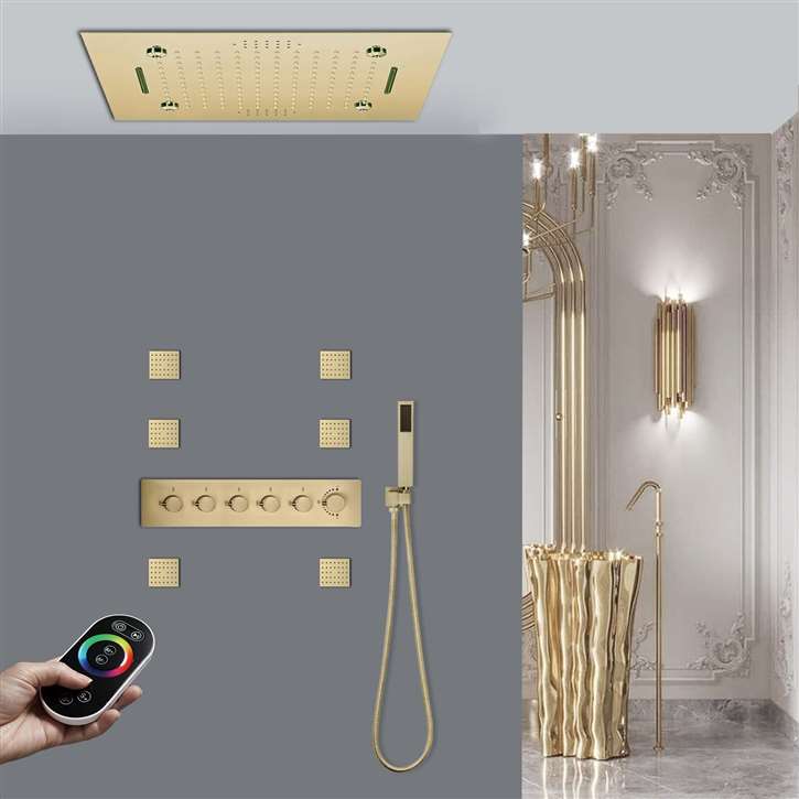 Formia Brushed Gold Remote Controlled Thermostatic Recessed Ceiling Mount LED Rainfall Waterfall Mist Musical Shower System with Hand Shower and Jetted Body Sprays