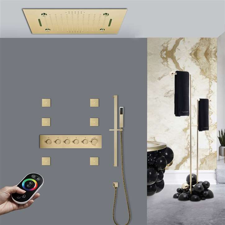 Terni Remote Controlled Brushed Gold Thermostatic Recessed Ceiling Mount LED Musical Rainfall Shower System Jetted Body Sprays with Hand Shower