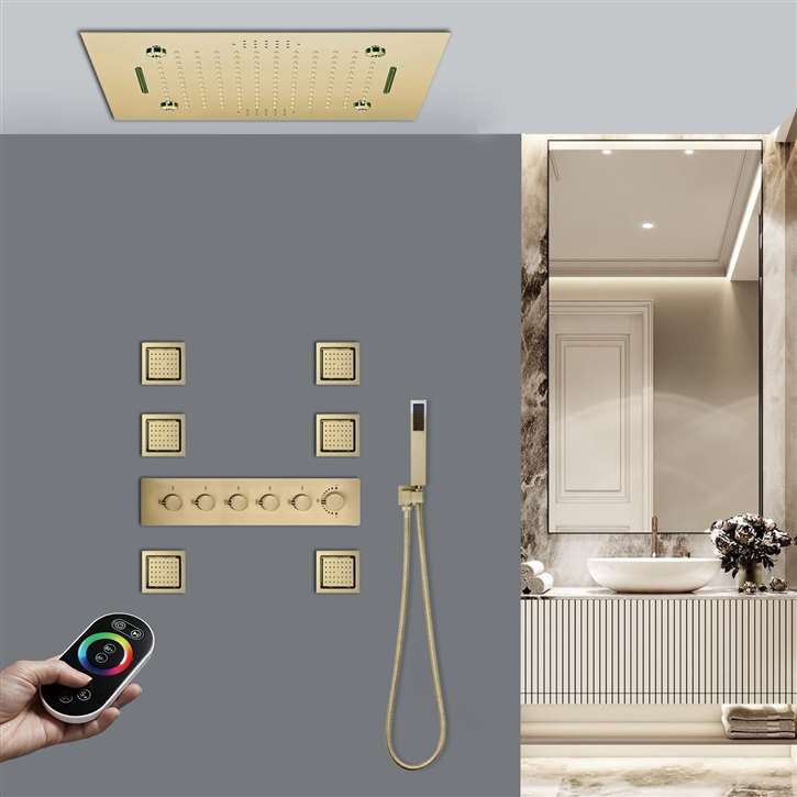 Mantua Brushed Gold Thermostatic LED Musical Recessed Ceiling Mount Rainfall Shower System Remote Controlled with Jetted Body Sprays and Hand Shower