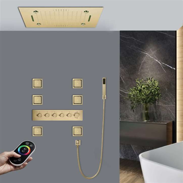 Cosenza Remote Controlled Brushed Gold Thermostatic LED Recessed Ceiling Mount Rainfall Waterfall Musical Shower System Remote Controlled with Jetted Body Sprays and Hand Shower