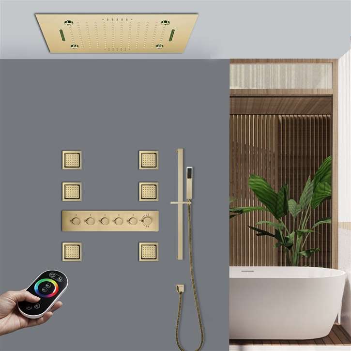 Fano Brushed Gold Thermostatic Remote Controlled LED Musical Recessed Ceiling Mount Rainfall Mist Waterfall Shower System with Jetted Body Sprays and Hand Shower