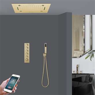 Sorrento Brushed Gold Thermostatic Phone Controlled LED Musical Recessed Ceiling Mount Rainfall Mist Waterfall Shower System with Hand Shower