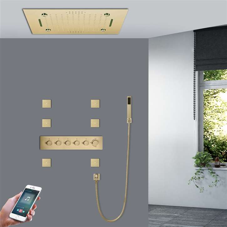 Crotone Brushed Gold Phone Controlled Thermostatic Recessed Ceiling Mount LED Rainfall Musical Shower System with Hand Shower and 6 Jetted Body Sprays