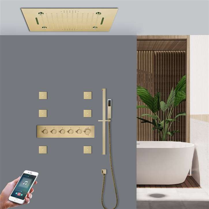Avellino Brushed Gold Phone Controlled Thermostatic Recessed Ceiling Mount LED Musical Rainfall Shower System Jetted Body Sprays with Hand Shower