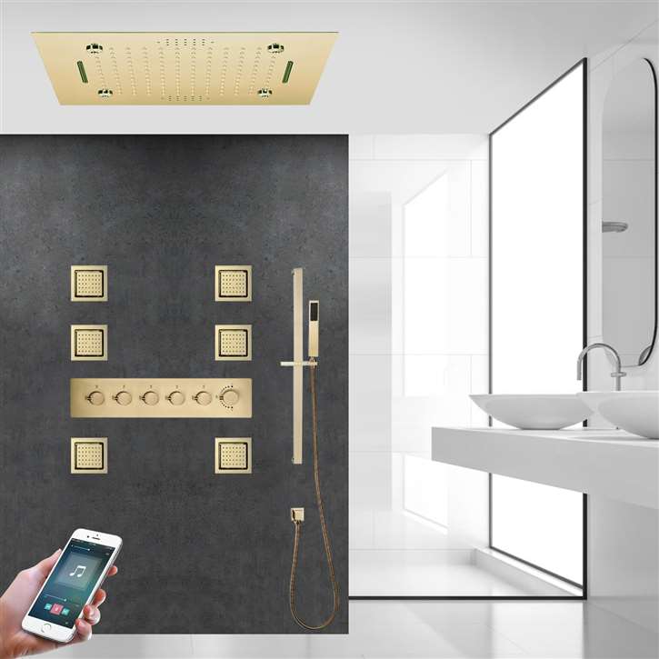 Dijon Thermostatic Phone Controlled Musical Recessed Ceiling Mount Rainfall Mist Waterfall Shower System with Jetted Body Sprays and Hand Shower