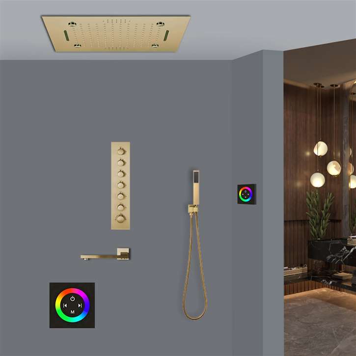Fondi Touch Panel Controlled Thermostatic Musical Recessed Ceiling Mount Rainfall Mist Waterfall Shower System with Jetted Body Sprays and Hand Shower