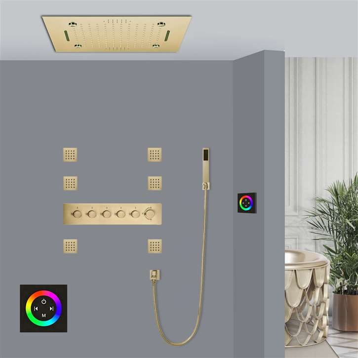 Faenza Brushed Touch Panel Controlled Thermostatic Recessed Ceiling Mount LED Mist Rainfall Waterfall Musical Shower System with Hand Shower and 6 Jetted Body Sprays