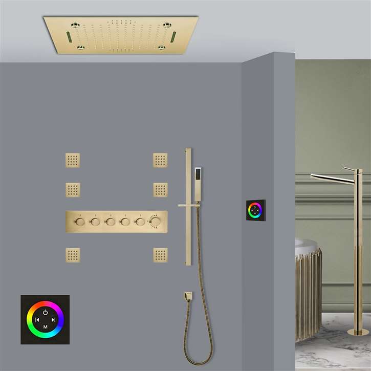 Cerignola Brushed Gold Touch Panel Controlled Thermostatic Recessed Ceiling Mount LED Musical Rainfall Shower System Jetted Body Sprays with Hand Shower