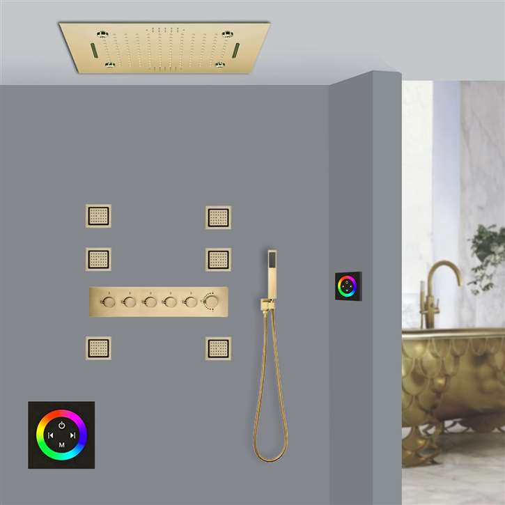 Trani Brushed Gold Thermostatic LED Touch Panel Controlled Musical Recessed Ceiling Mount Rainfall Waterfall Mist Shower System with Jetted Body Sprays and Hand Shower