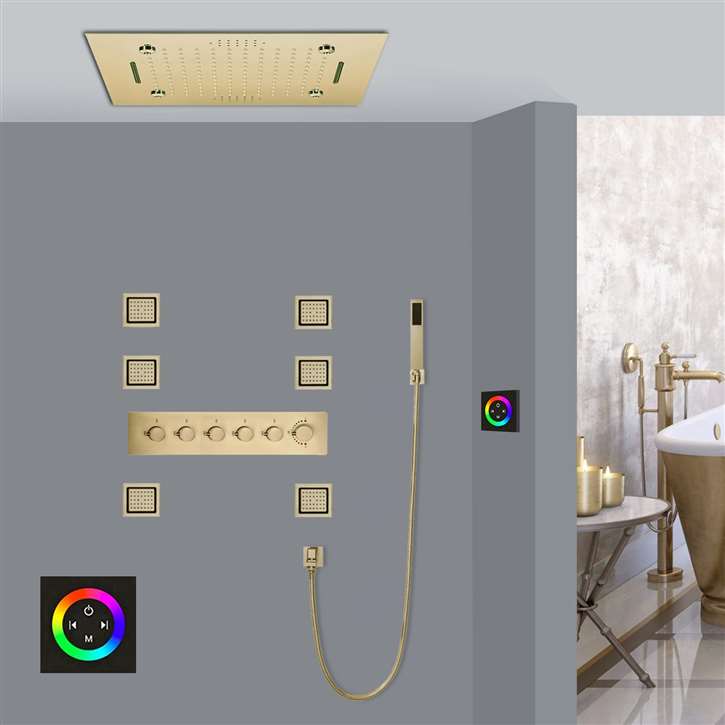 Classy Touch Panel Controlled Thermostatic LED Recessed Ceiling Mount Rainfall Mist Waterfall Musical Shower System with Jetted Body Sprays and Hand Shower Fontana Dijon