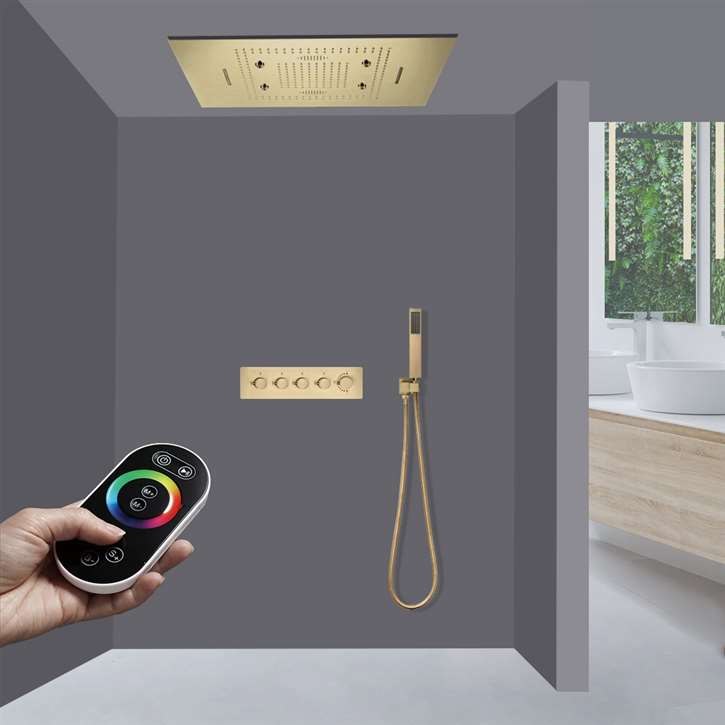 Novara Thermostatic Remote Controlled Brushed Gold Musical Recessed Ceiling Mount Mist Waterfall Rainfall Shower System with Hand Shower