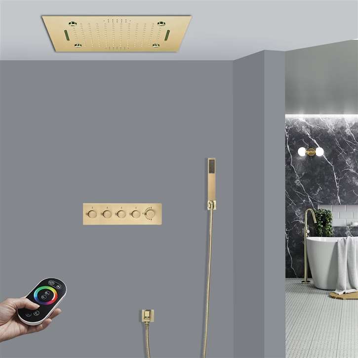 Forli Thermostatic Remote Controlled Brushed Gold Musical Recessed Ceiling Mount Mist Waterfall Rainfall Shower System with Hand Shower