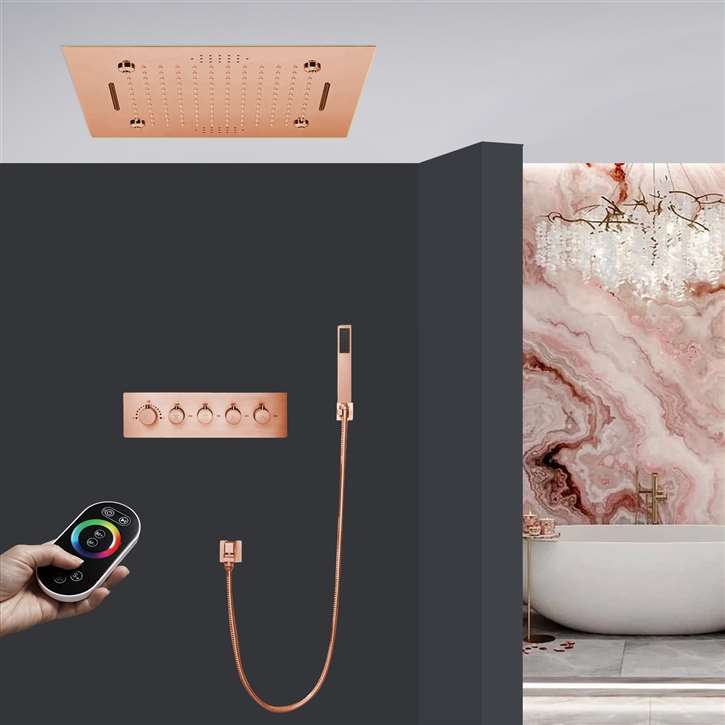 Perugia Thermostatic LED  Rose Gold Remote Controlled Recessed Ceiling Mount Mist Waterfall Mist Rainfall Shower System with Hand Shower