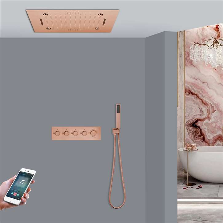 Carrara Rose Gold Thermostatic Remote Controlled Musical Recessed Ceiling Mount Mist Waterfall Rainfall Shower System with Hand Shower