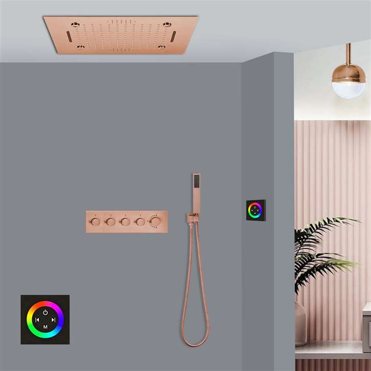 Teramo Rose Gold Thermostatic Touch Panel Controlled Musical Recessed Ceiling Mount Mist Waterfall Rainfall Shower System with Hand Shower