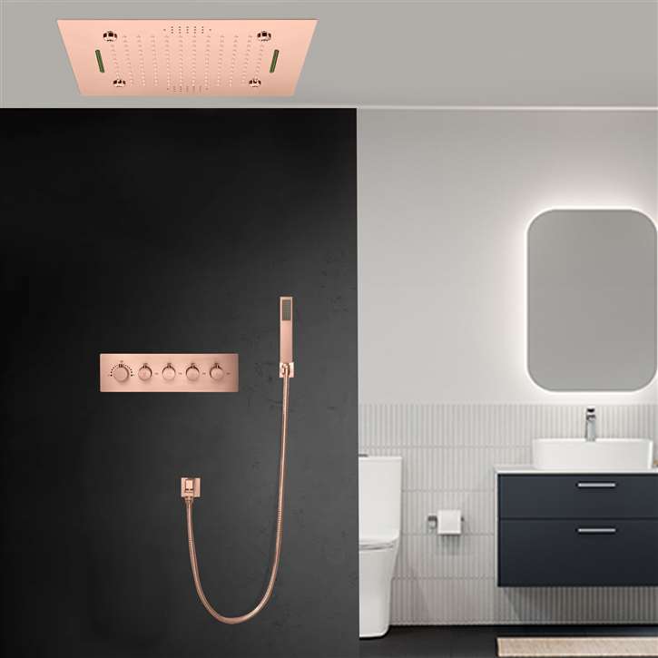Foligno Thermostatic Rose Gold  LED Touch Panel Controlled Recessed Ceiling Mount Mist Waterfall Mist Rainfall Shower System with Hand Shower