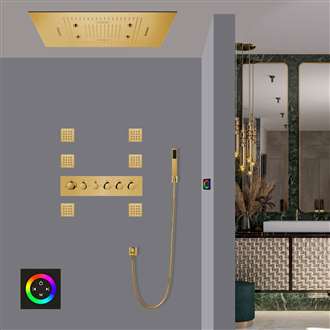 Avellino Waterfall Rainfall Mist Thermostatic LED Remote Controlled Recessed Ceiling Gold Mount Gold Shower System with Jetted Body Sprays and Handheld Shower