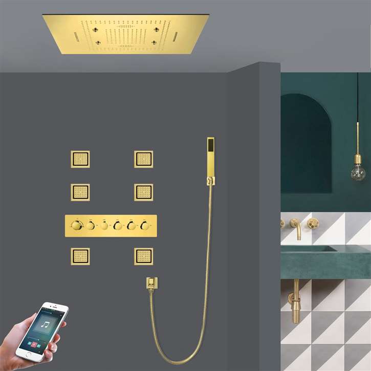 Chieti Waterfall Rainfall Mist Thermostatic LED Phone Controlled Recessed Ceiling Mount Gold Shower System with Jetted Body Sprays and Handheld Shower