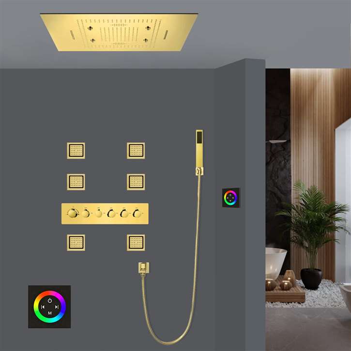 Avellino Waterfall Rainfall Mist Thermostatic LED Touch Panel Controlled Recessed Ceiling Mount Gold Shower System with Jetted Body Sprays and Hand Shower