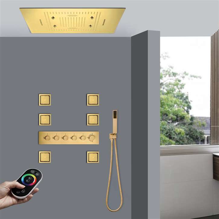 Teramo Thermostatic LED Remote Controlled Recessed Ceiling Gold Mount Waterfall Rainfall Mist Shower System with Jetted Body Sprays and Handheld Shower