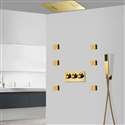 Foligno Gold Thermostatic LED Remote Controlled Recessed Ceiling Gold Mount Rainfall Waterfall Shower System with Jetted Body Sprays and Handheld Shower